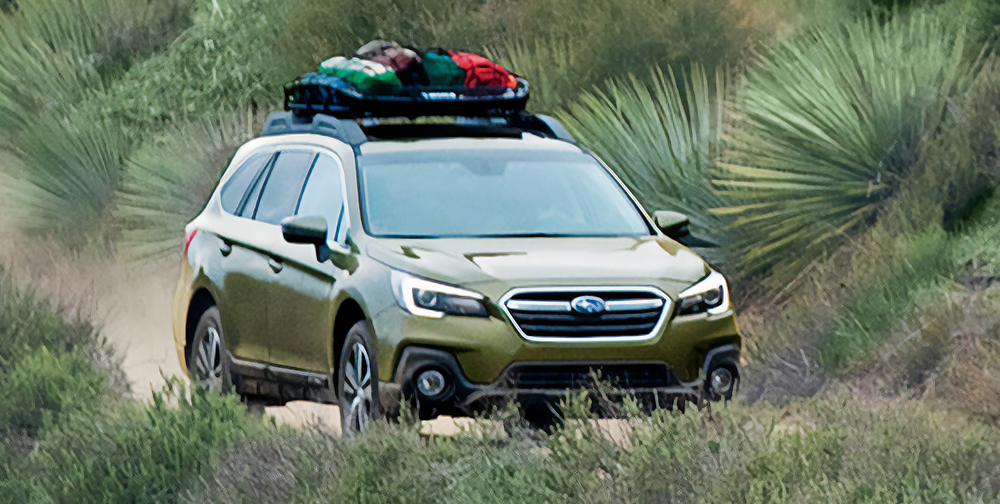 A Subaru Outback driving between plants